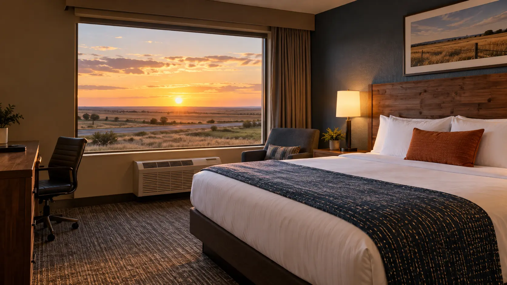 Modern guest room overlooking the Kansas plains at sunset